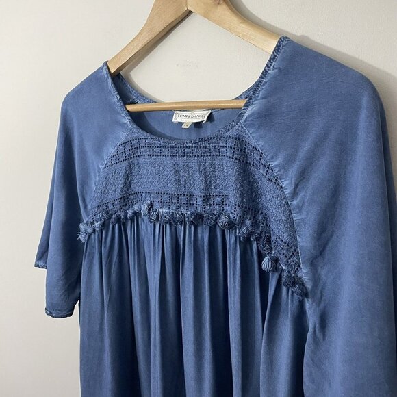 Temperance Boho T-Shirt Top Womens L Blue Crochet Blouse Tassel Lace Fringe EUC - Picture 2 of 10